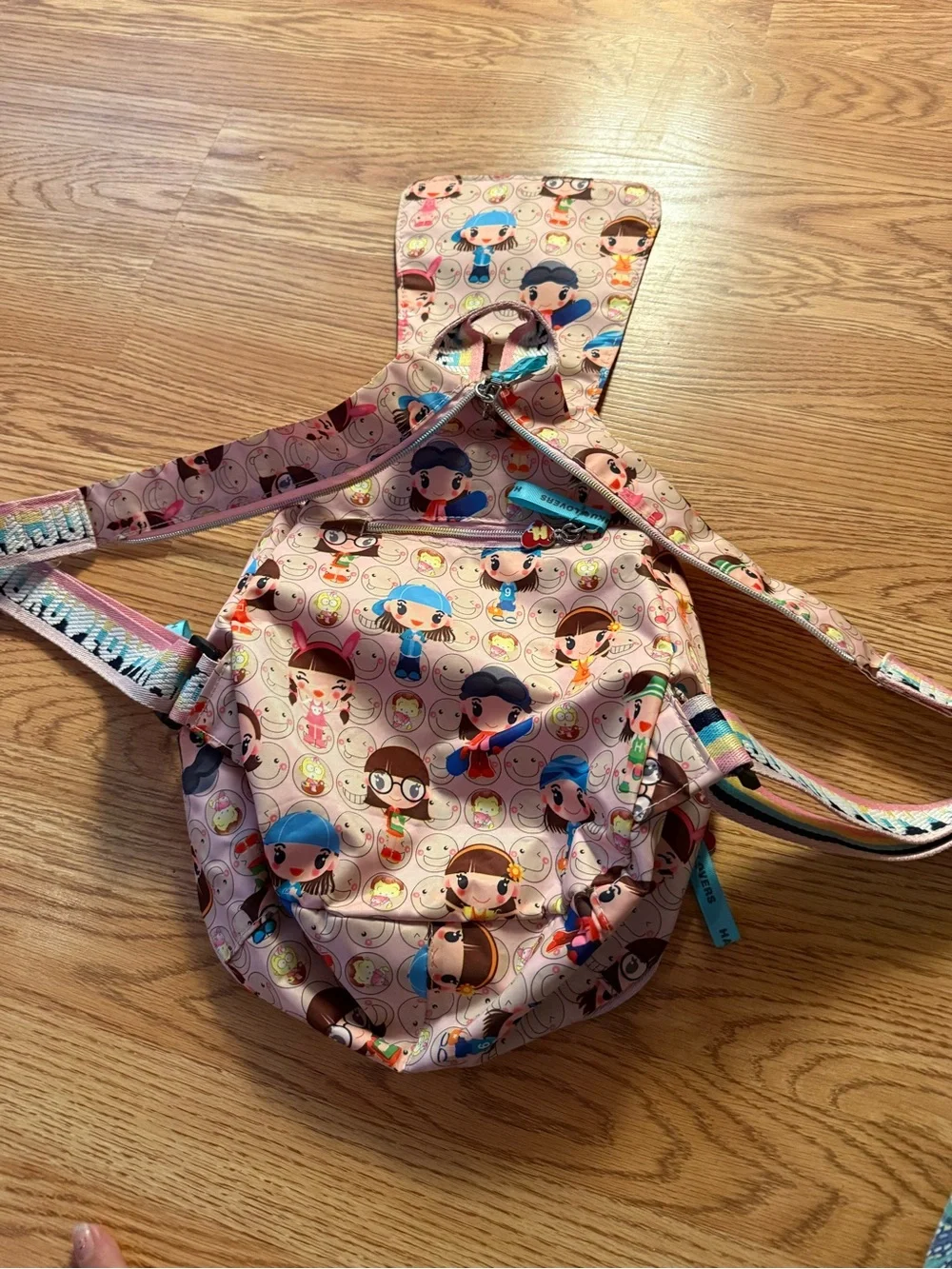 Harajuku Lovers Pink Character Print Mini Backpack with Rainbow Straps
